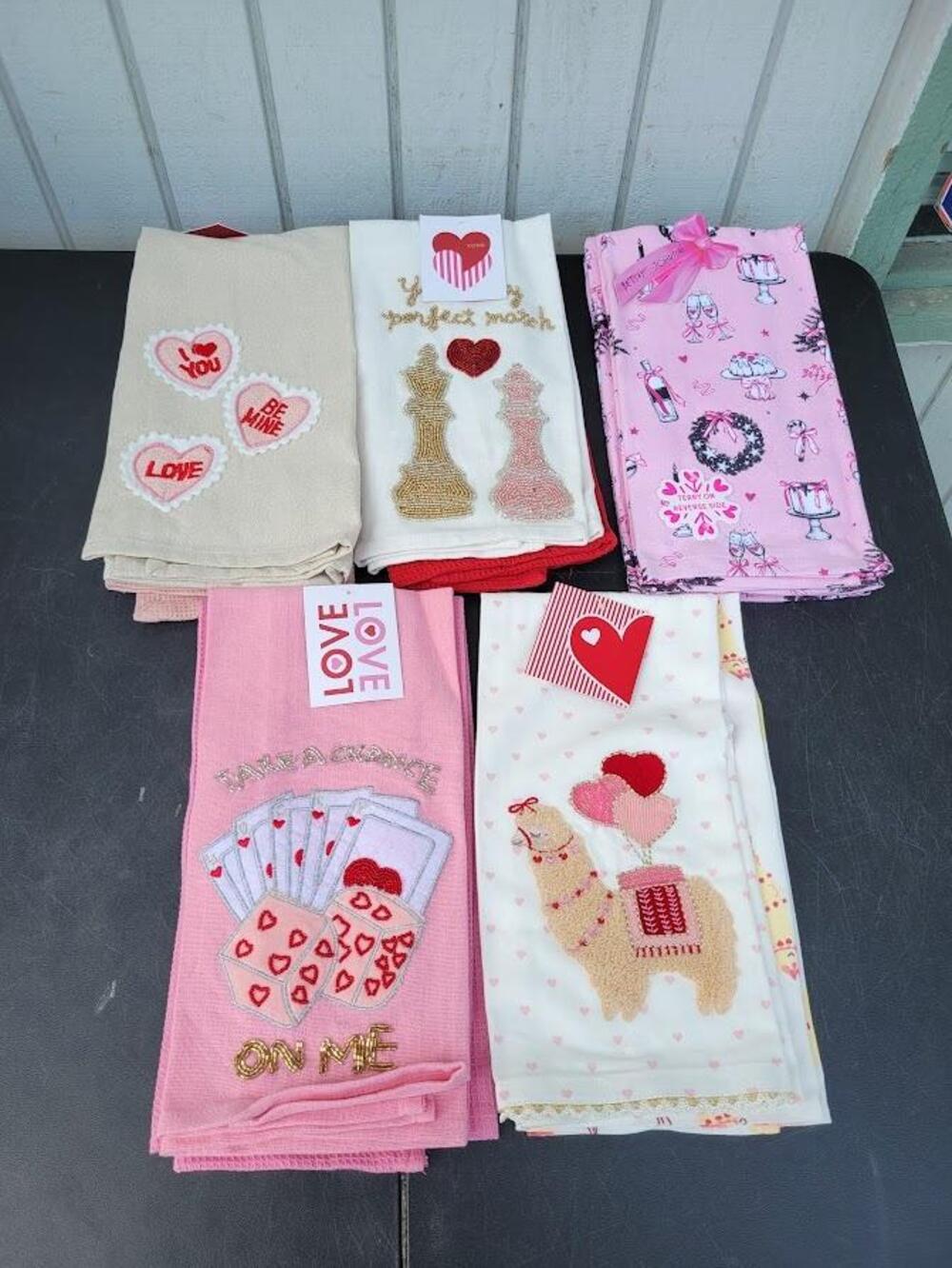 Valentine Hearts Kitchen Tea Towels Set 5Pc Cotton Embroidered Multicolor